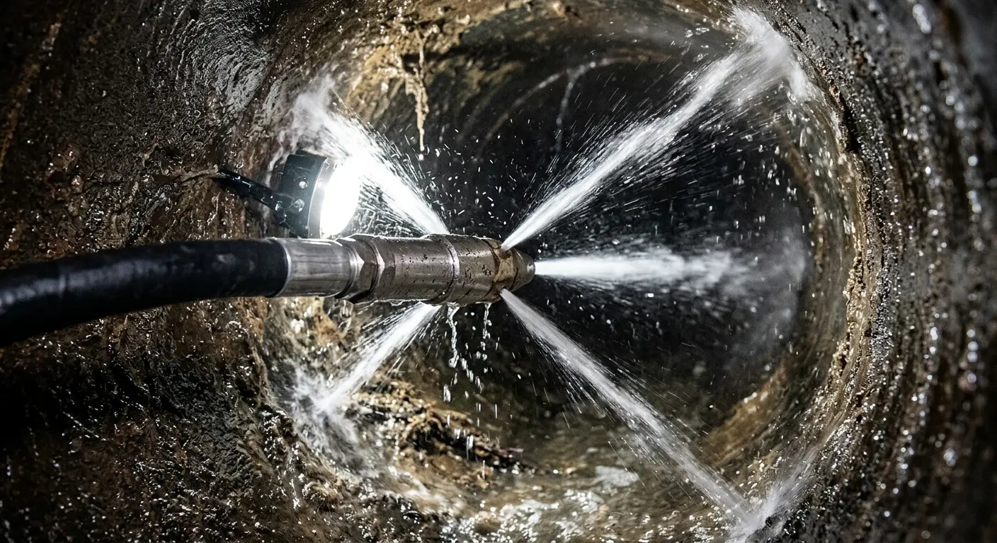 High-pressure hydro jetting nozzle cleaning sewer pipe for Trenchless Sewer Repair in Wood Dale