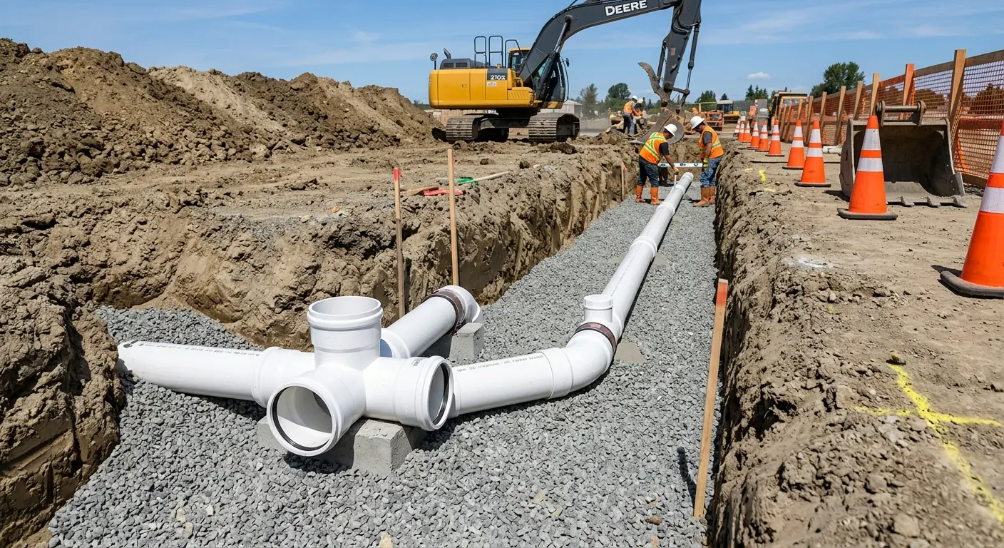 New PVC sewer pipe installation in open trench for Commercial Drain Cleaning in Wood Dale