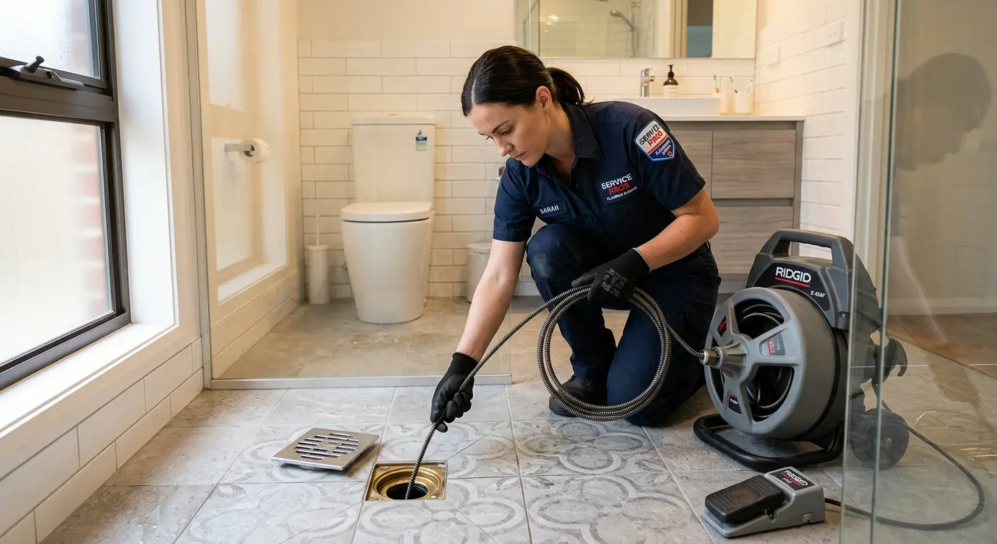 Technician clearing a bathroom floor drain for Clogged Drain Repair in Wood Dale